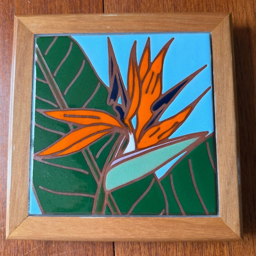 Kala Koa Tiles of Hawaii Bird of Paradise Handpainted Art Tile Wood Frame 1996